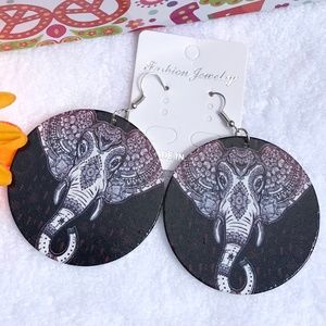 New! Large Boho Elephant Earrings Wood Dangles